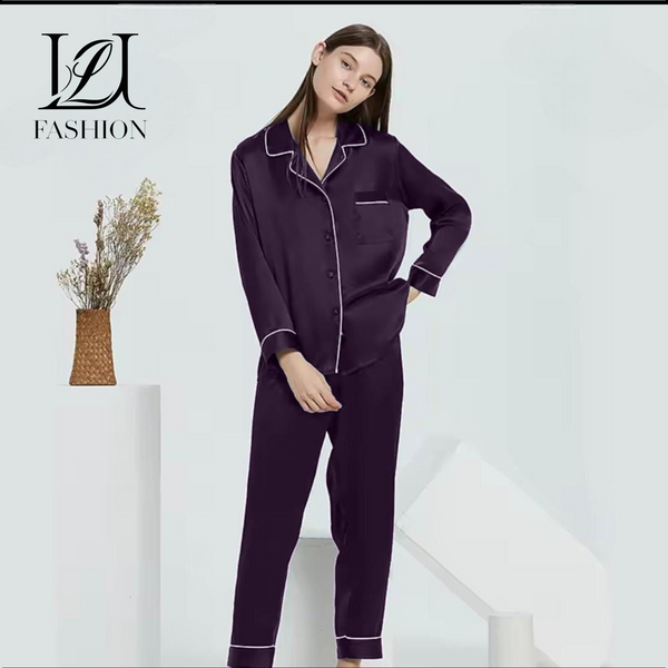 Luxury Silk Pajama Set with White Piping