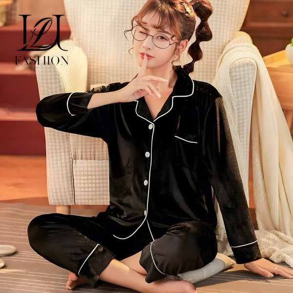 Black Velvet-Touch Long PJ Set